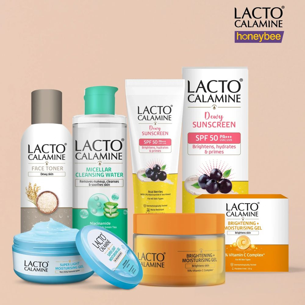 Lacto Calamine skincare products including sunscreens, moisturizers, and toners for brightening and hydrating skin.