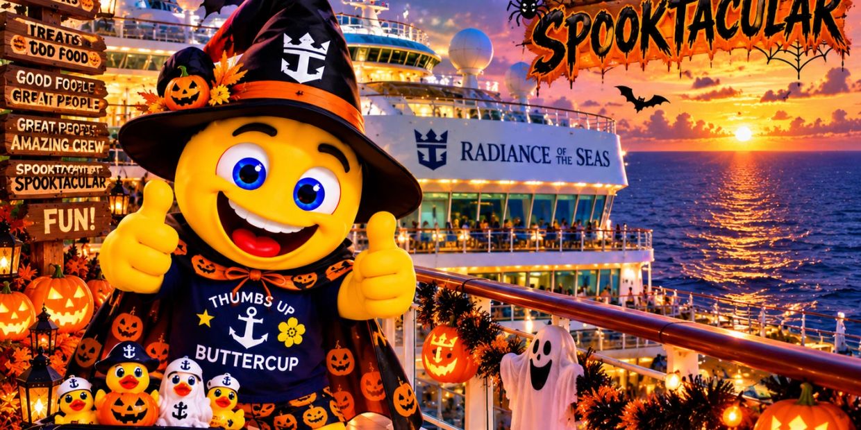 Halloween-themed emoji character on a cruise ship at sunset.