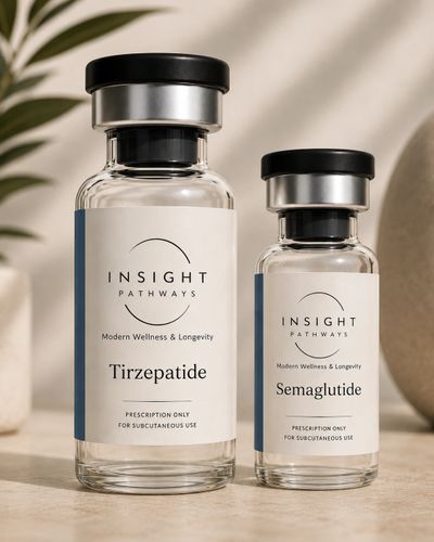 Two Insight Pathways medication vials, Tirzepatide and Semaglutide, on a beige surface.