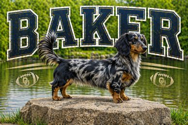 A dachshund stands on a tree stump with 'BAKER' text and football graphics behind.