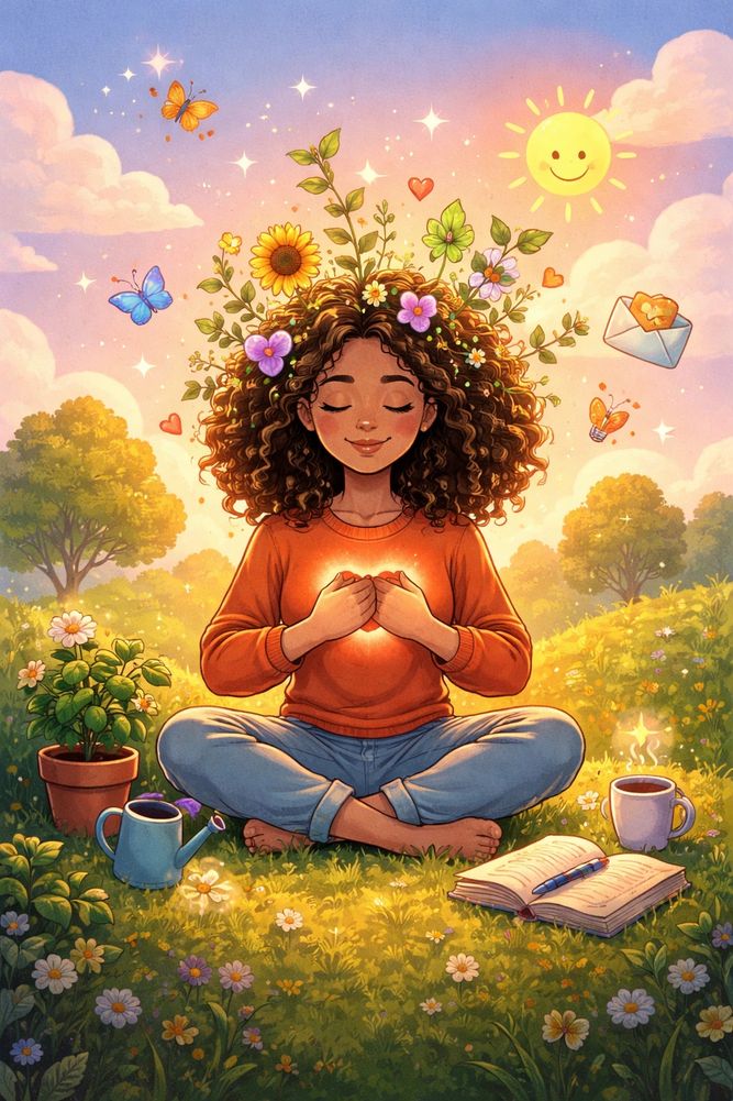 A peaceful girl meditating in a sunny field with flowers and butterflies.