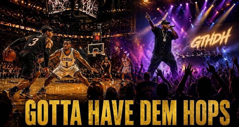Basketball defense and a live concert with 'Gotta Have Dem Hops' text.