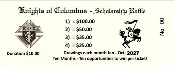 Knights of Columbus scholarship raffle ticket with prize details.