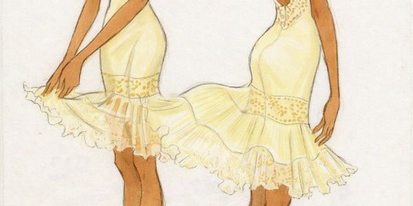 Fashion illustration of a woman in a yellow dress with lace details.