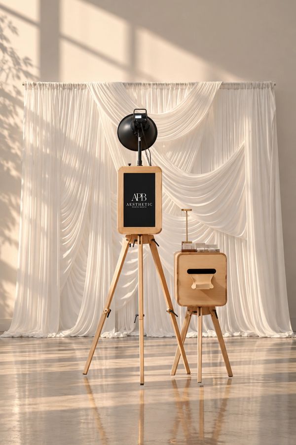Wooden tripod photo booth setup with elegant white backdrop.
