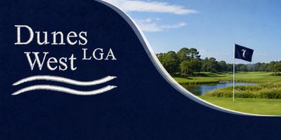 Golf course logo with scenic landscape and flag.