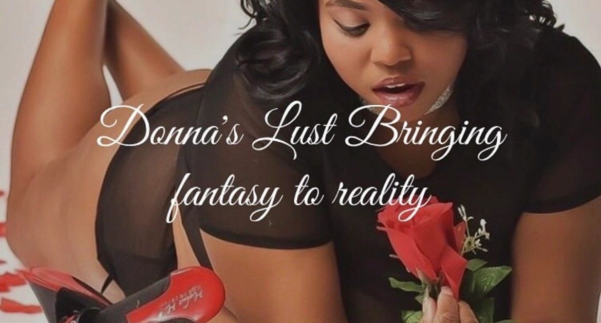 Sensual woman with rose and red heels, captioned Donna's Lust Bringing fantasy to reality.