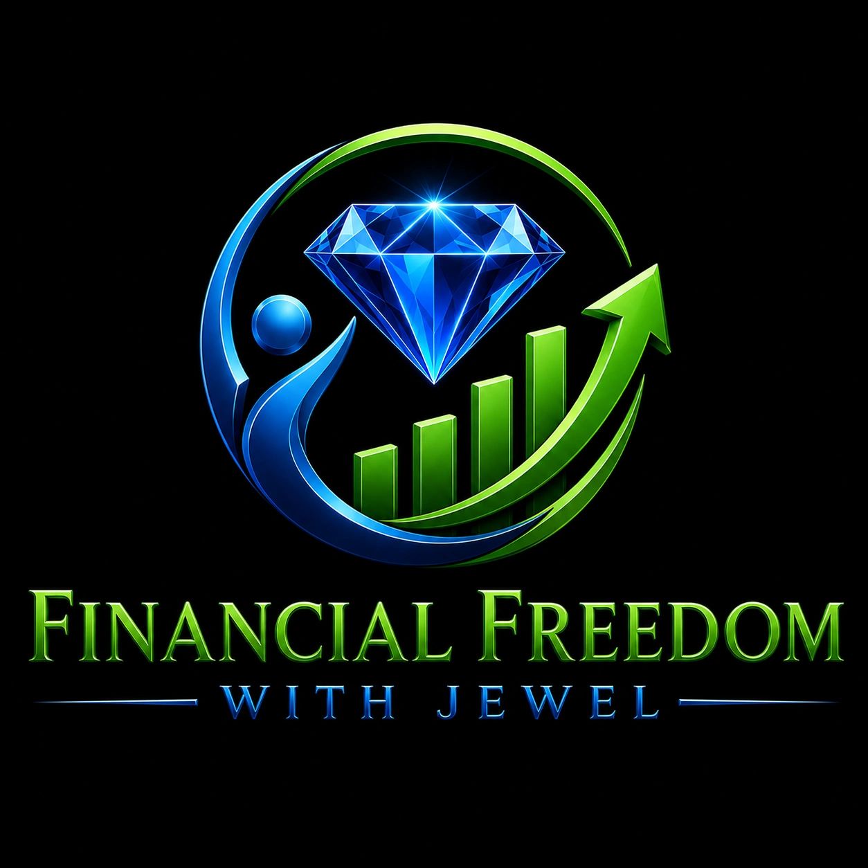 Logo featuring a blue diamond, upward green arrow, and the text 'Financial Freedom with Jewel'.