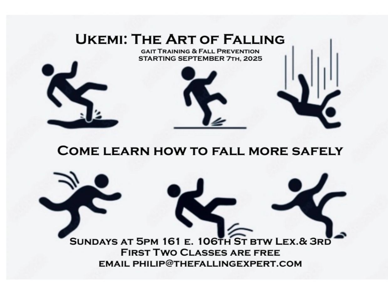 Flyer for Ukemi fall training starting September 7, 2025, with free first two classes.