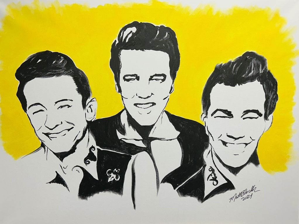 Painted on 24 x 36 canvas is Elvis Presley, Scotty Moore and Bill Black in the hay day of sun record