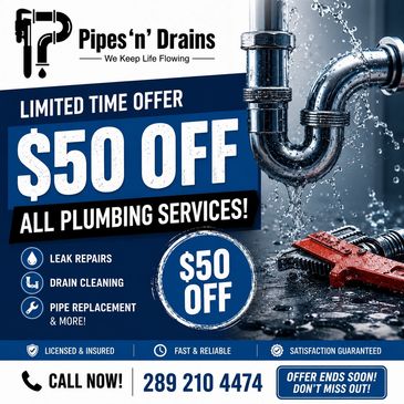 $50 off all plumbing services with Pipes 'n' Drains limited time offer.