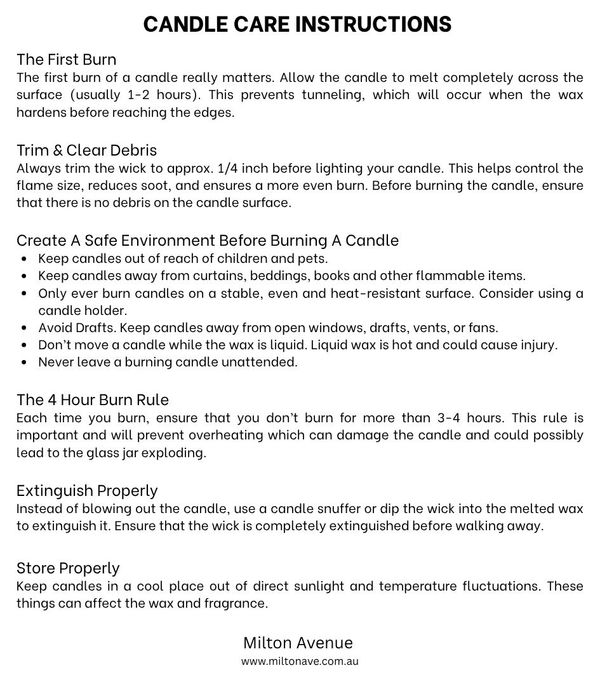 Candle care instructions for safe and effective use.
