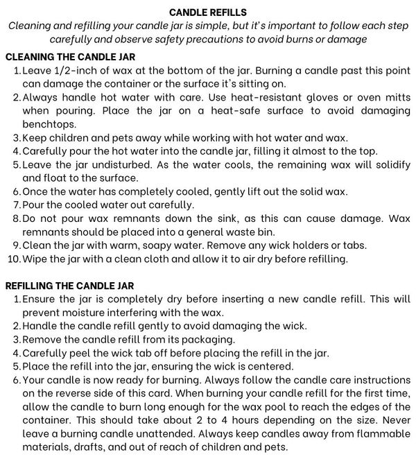 Instructions for safely cleaning and refilling candle jars.