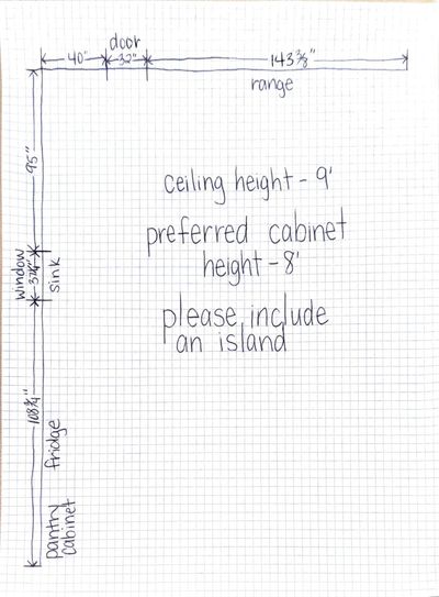 Kitchen layout sketch with measurements and notes.