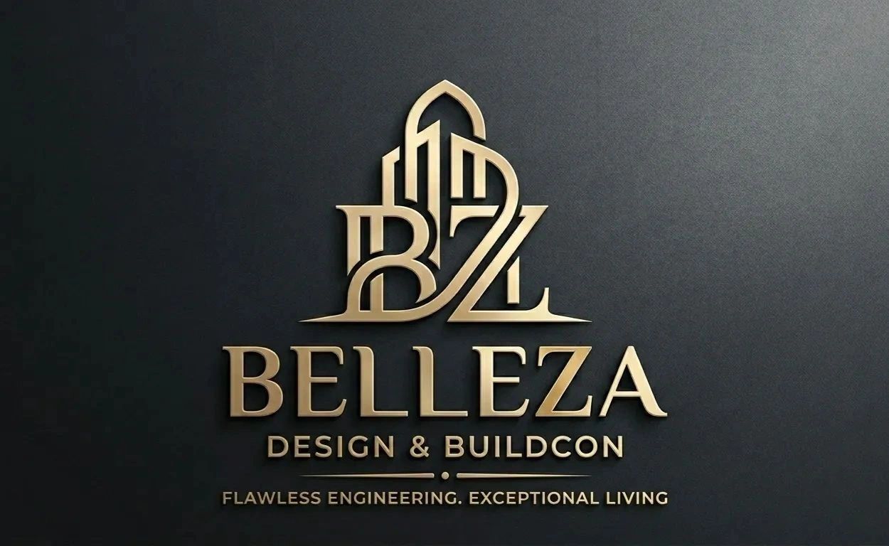 Gold logo of Belleza Design & Buildcon on black background.