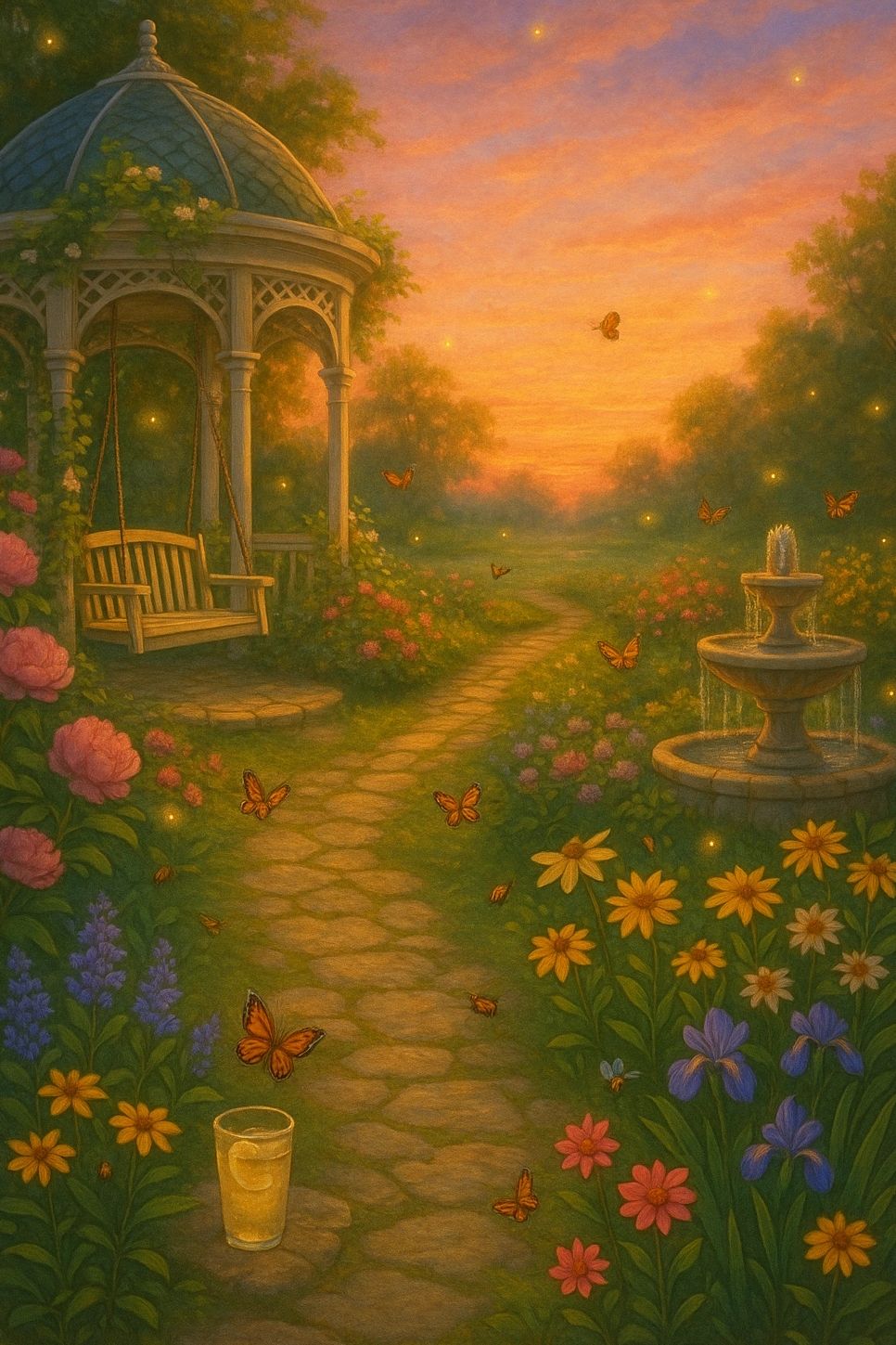 Serene garden path with butterflies, flowers, gazebo swing, and a fountain at sunset.