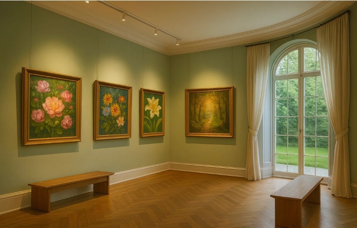 Art gallery room with floral paintings and wooden benches.