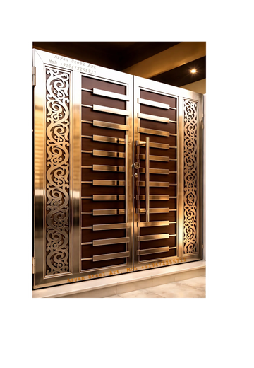 Modern steel double door with intricate side panel designs and sleek horizontal bars.