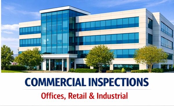 Modern commercial building with blue glass windows offering inspections for offices, retail, and industrial spaces.