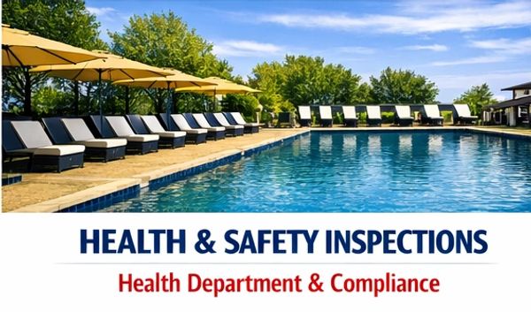 Outdoor pool with lounge chairs and umbrellas under inspection for health and safety compliance.