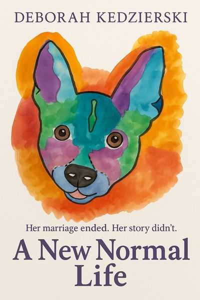 Colorful dog illustration on book cover titled 'A New Normal Life' by Deborah Kedzierski.