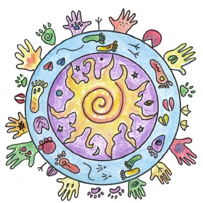 Colorful handprints and footprints encircle a radiant sun and moon drawing.