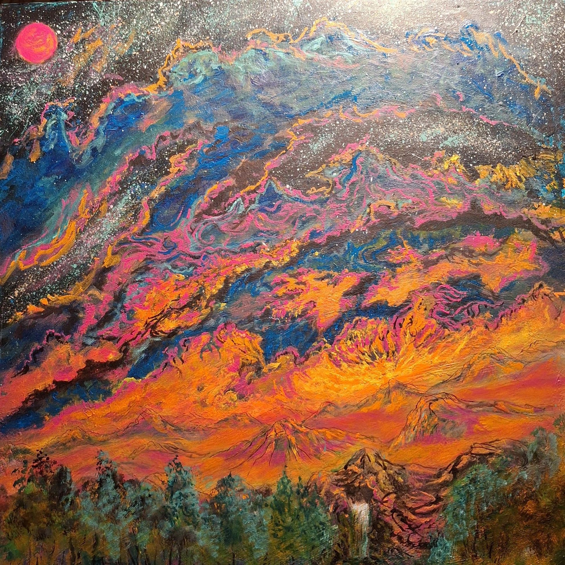 Imaginary landscape of western US landscape with mountains, trees, stream, and vibrant orange sky.