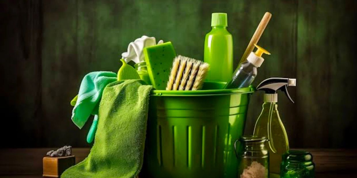 A bucket with supplies and mostly the color green