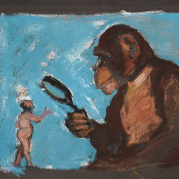 A large chimpanzee examines a small human with a magnifying glass against a blue background.
