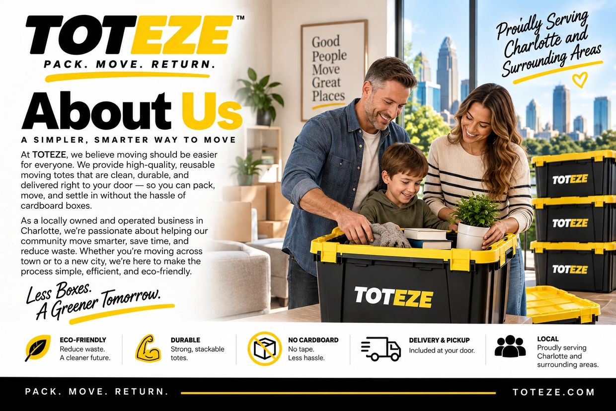 Familia feliz usando cajas reutilizables de TotEze para mudanza ecológica y eficiente.