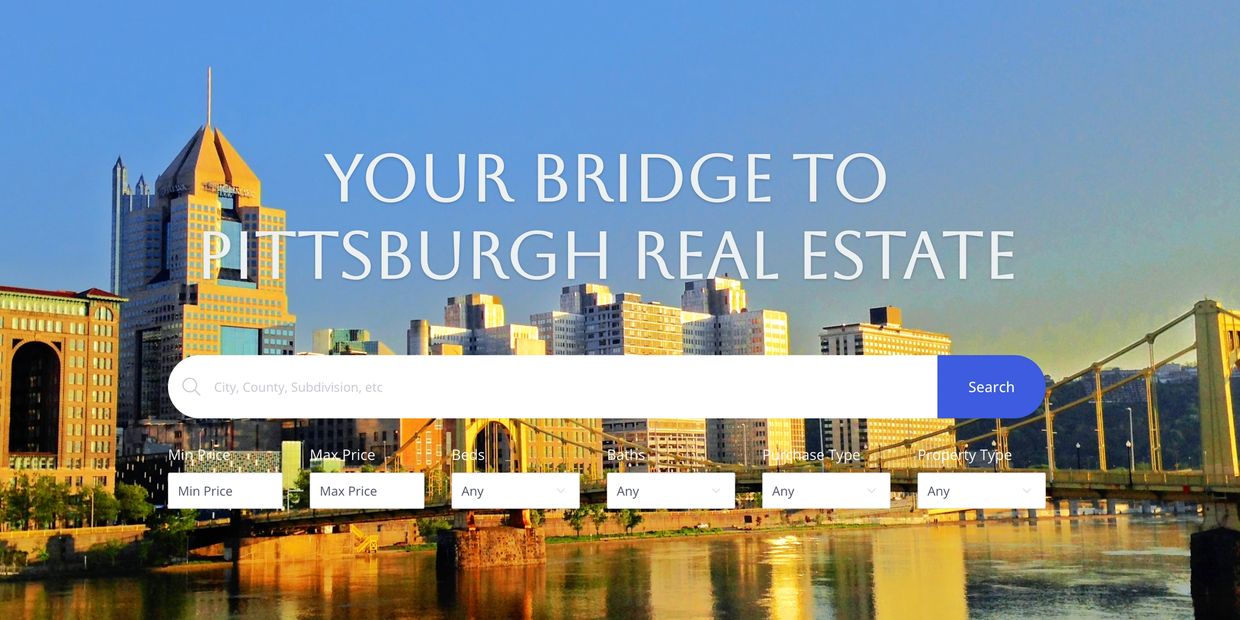Pittsburgh real estate search interface with city skyline and bridge background.