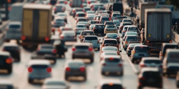 A congested highway filled with cars and trucks in heavy traffic.