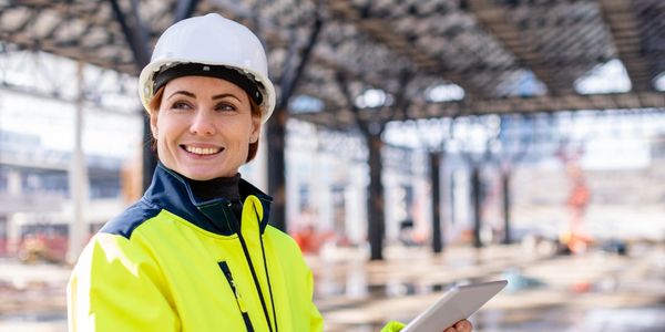 Smiling female construction worker in safety gear holding a tablet at a building site.