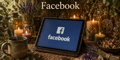 Tablet displaying Facebook logo surrounded by candles and rustic decor.