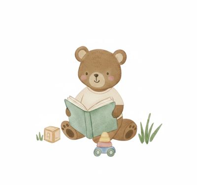 Cute bear reading a book with toys around.