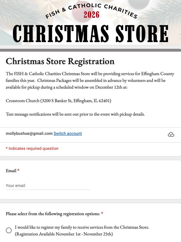 Christmas store registration form for Effingham County families.