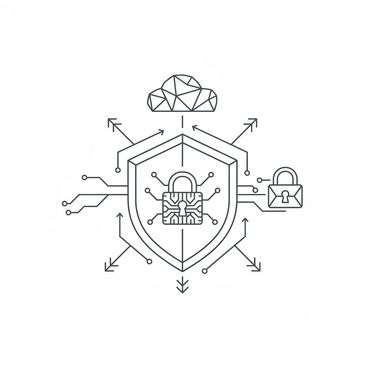 Digital security concept with locks, shield, and cloud connections.