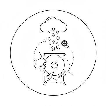 Line art of a hard drive connected to cloud data storage.