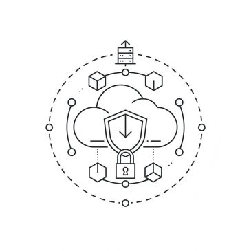 Line art of cloud security with shield and lock icons.