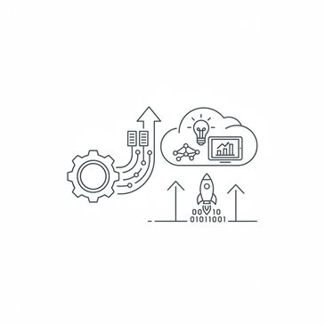 Line art showing technology growth with gears, cloud computing, and a rocket launch.