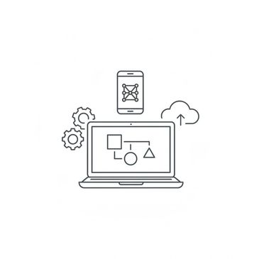 Line art of laptop, smartphone, gears, and cloud upload symbol.
