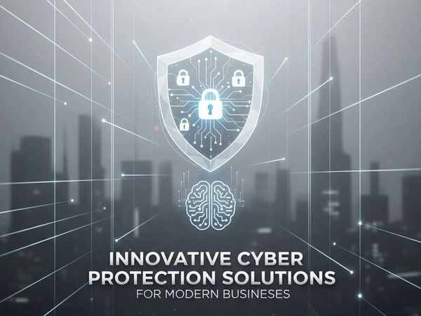Digital shield and brain icon symbolizing cyber protection for businesses.