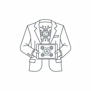 Outline of a person in a suit holding a tablet showing gears and a chip inside the jacket.