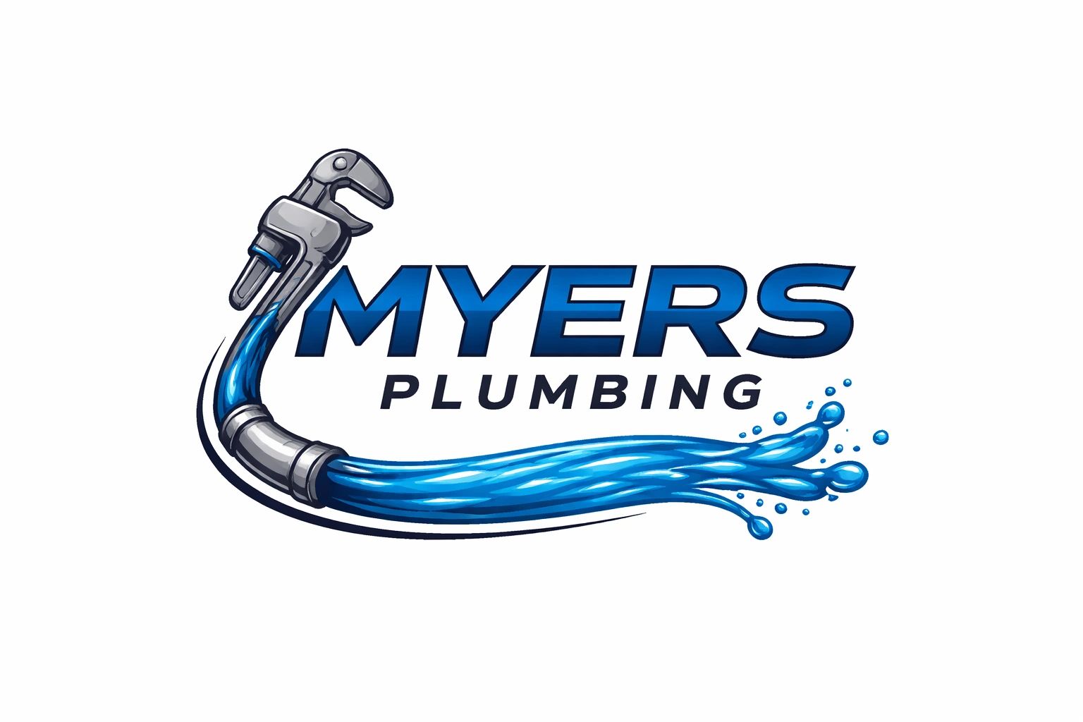 Myers Plumbing logo with water flow and wrench.