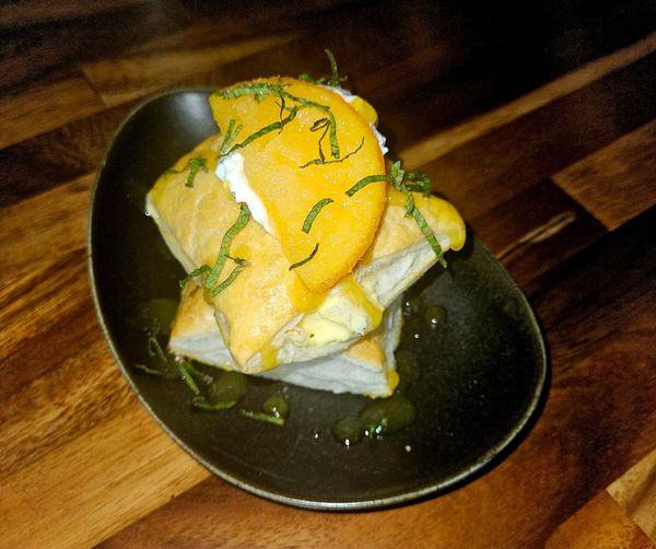Our Chef creation- The Alexander, A sugar dusted puff pastry shell filled with a whipped oranges fet