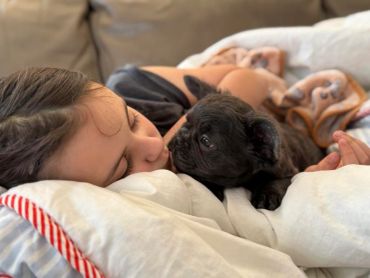 A child lovingly kisses a small black puppy on a cozy bed.