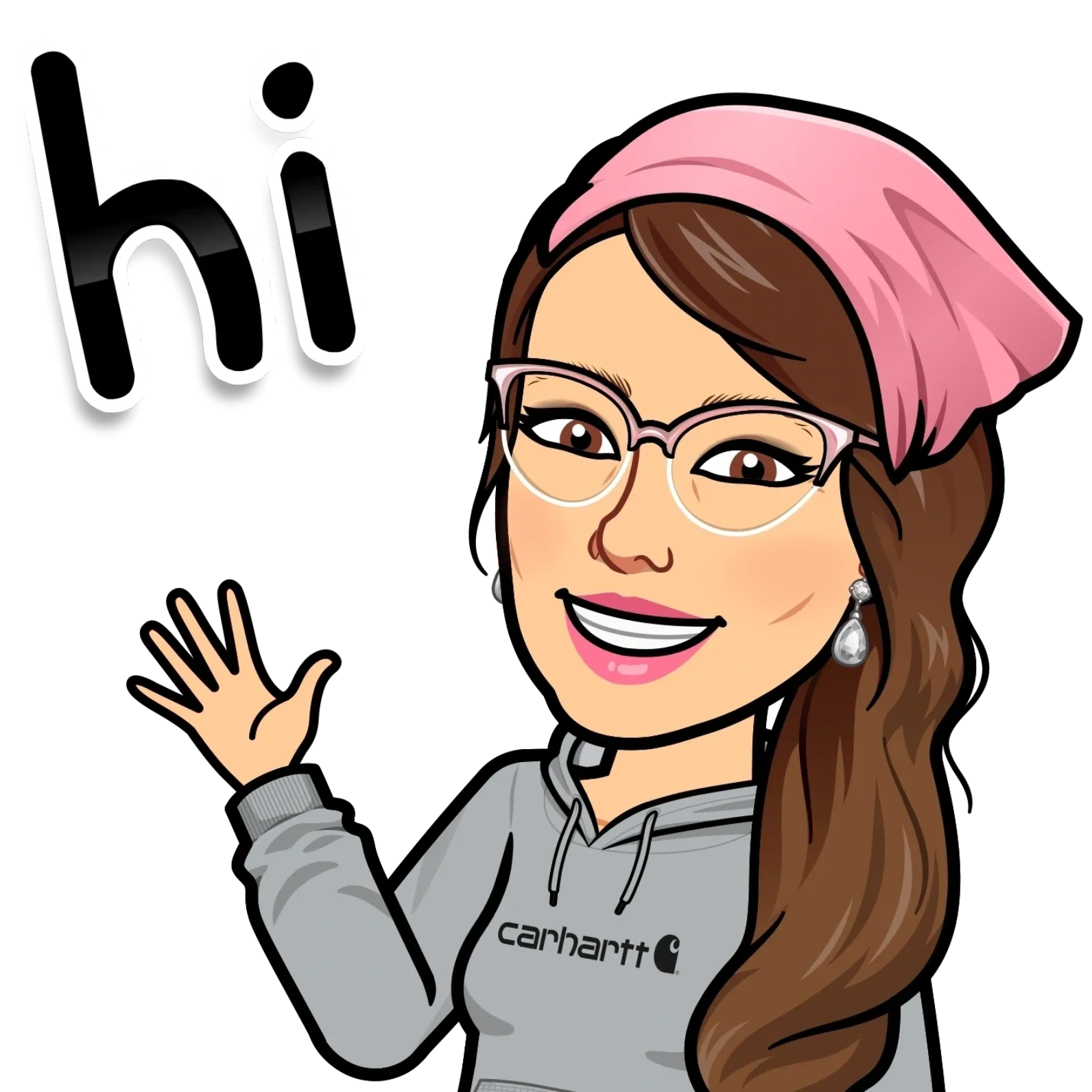Cartoon woman waving and saying hi with a pink headscarf.