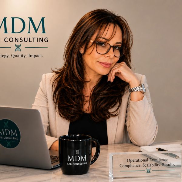Professional woman at desk with MDM Lab Consulting branding and motivational words.