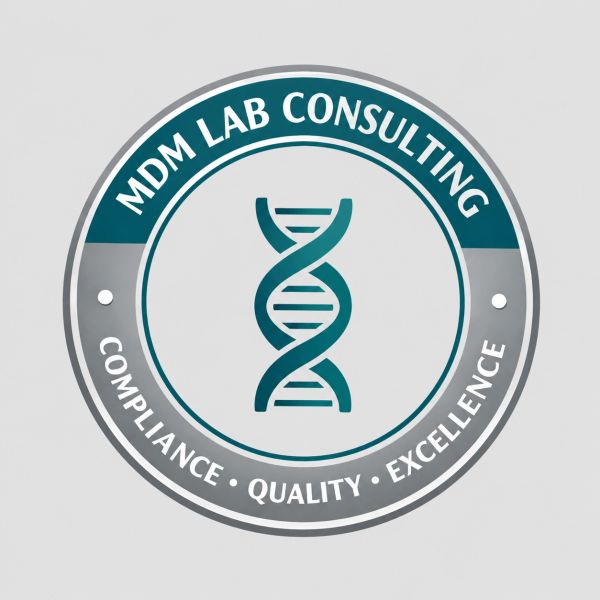 Logo of MDM Lab Consulting featuring a DNA strand and values of compliance, quality, and excellence.