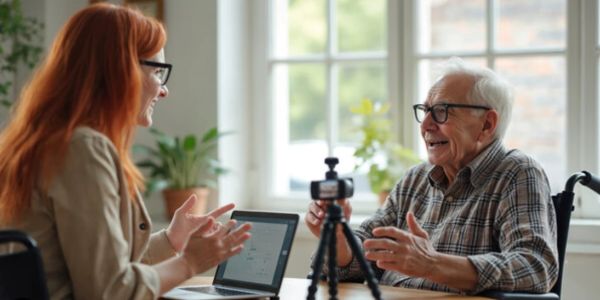 Older man and younger woman chatting with camera in a bright room.